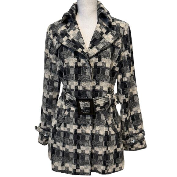 Daytrip Plaid Wool Blend Trench Coat Jacket Peacoat Belted Black Gray Cream L - Picture 1 of 12